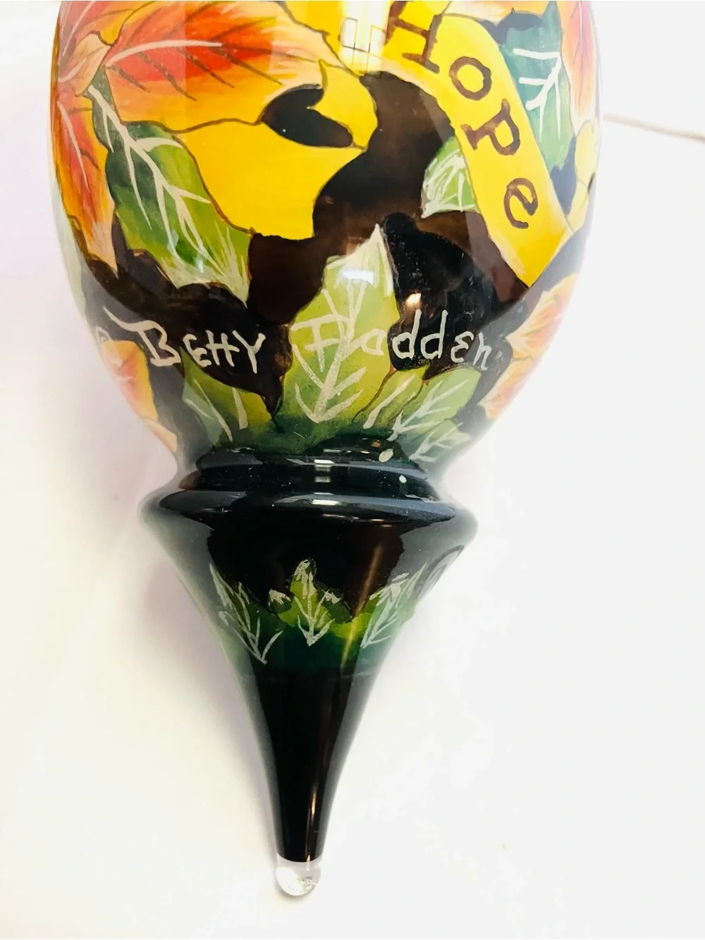 Betty Padden Ne Qwa  Hand Painted Glass Ornament Peace Joy Hope 7in Read